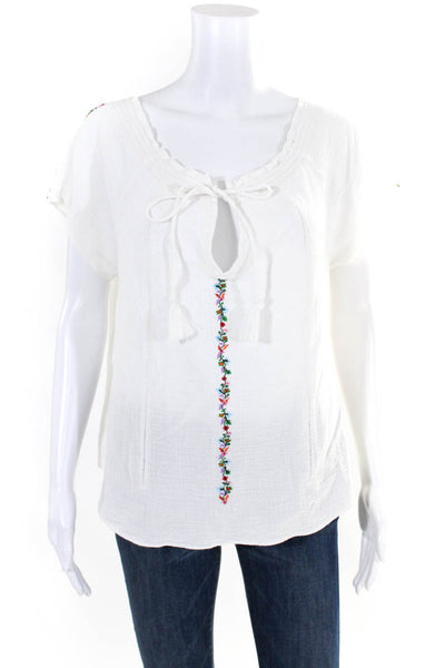 Rungolee Womens White Floral Embroidered V-Neck Short Sleeve Blouse Top Size M