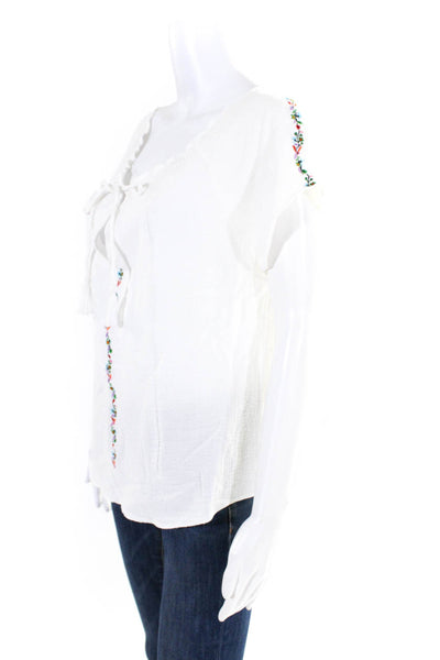 Rungolee Womens White Floral Embroidered V-Neck Short Sleeve Blouse Top Size M