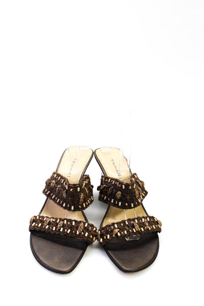 Tahari Womens Brown Beaded Leather Double Strap Sandals Shoes Size 8.5M