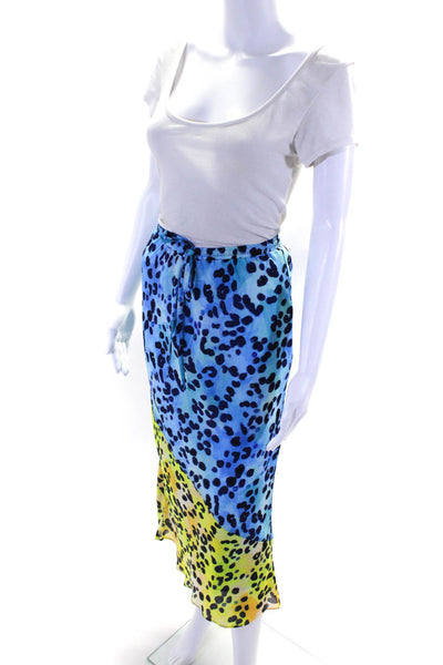 Central Park West Womens Elastic Drawstring Leopard Print Maxi Skirt Blue Size M