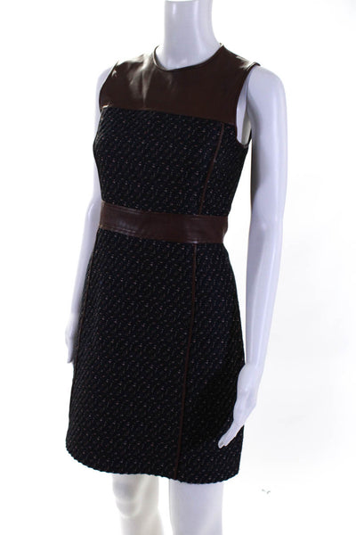 Theory Women's Tweed Leather Sleeveless A Line Mini Dress Blue Brown Size 0