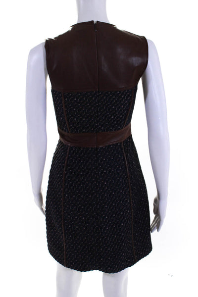 Theory Women's Tweed Leather Sleeveless A Line Mini Dress Blue Brown Size 0