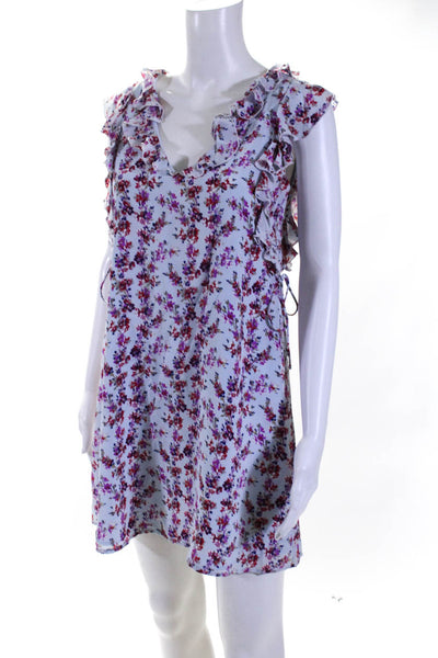 Club Monaco Women's Silk Floral Print Tie Waist Ruffle Mini Dress Blue Size 00