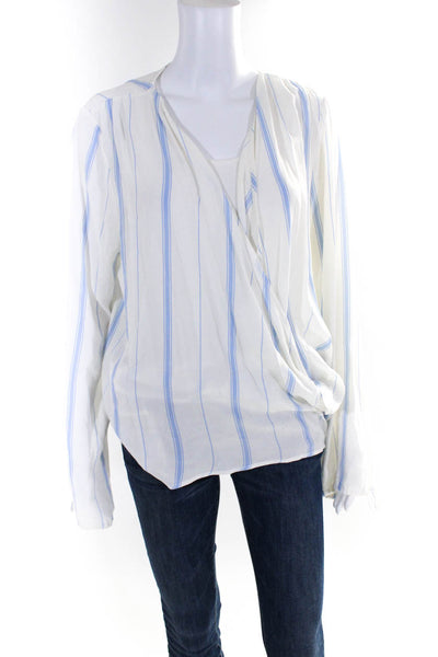 L'Academie Womens Striped Wrap Front V Neck Long Sleeve Blouse White Blue Size M