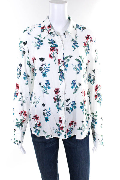 BB Dakota Womens Floral Long Sleeve Collared Button Down Shirt White Blue Size L