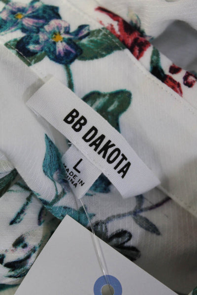 BB Dakota Womens Floral Long Sleeve Collared Button Down Shirt White Blue Size L