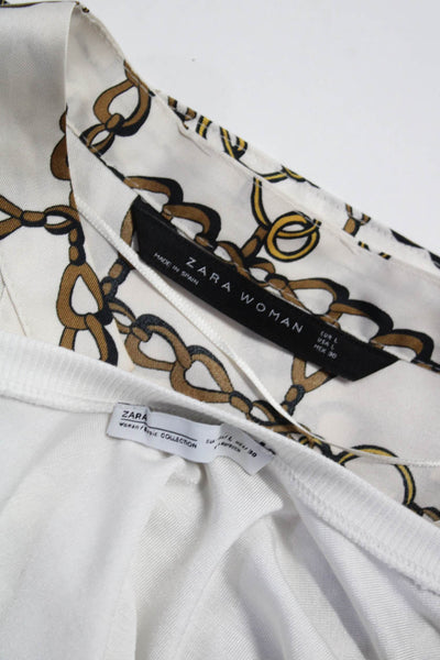 Zara Womens Scoop Neck Sleeveless Asymmetrical Dresses White Brown Size L Lot 2