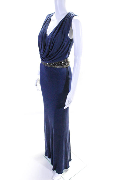 Badgley Mischka Womens V Neck Beaded Waist Sleeveless Gown Navy Blue Size 6