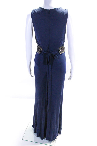 Badgley Mischka Womens V Neck Beaded Waist Sleeveless Gown Navy Blue Size 6