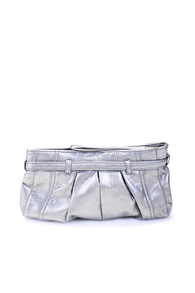 Neiman Marcus Womens Pleated Buckle Belted Accent Wristlet Handbag Silver Medium