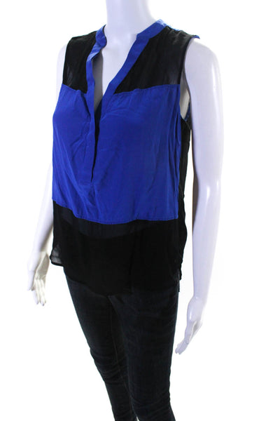 Intermix Womens Silk Sheer Panel V-Neck Sleeveless Blouse Top Blue Size S