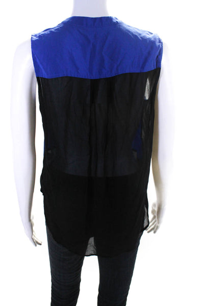 Intermix Womens Silk Sheer Panel V-Neck Sleeveless Blouse Top Blue Size S