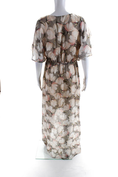 Lavender Brown Womens Short Sleeve A-Line Floral V-Neck Maxi Dress Gray Size L