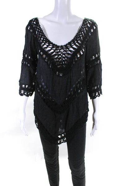 India Boutique Womens 3/4 Sleeve Knit Trim Oversized Shirt Black One Size
