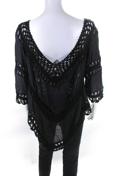 India Boutique Womens 3/4 Sleeve Knit Trim Oversized Shirt Black One Size
