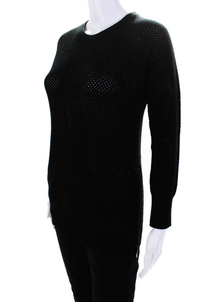 Brodie Womens Perforated Loose Knit Crew Neck Sweater Black Cashmere Size XS