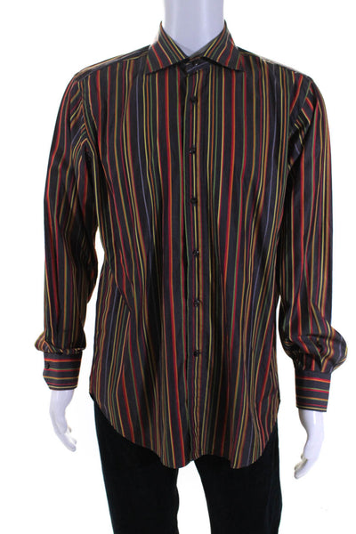 Etro Milano Mens Collared Long Sleeve Button Down Shirt Brown Red Yellow Size 41