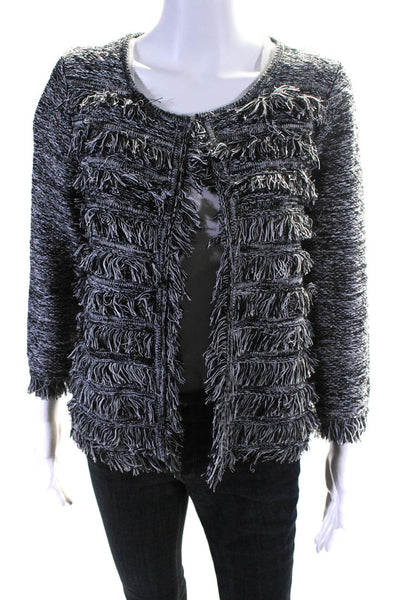T Tahari Womens Fringe Cardigan Sweater Black White Cotton Size Medium