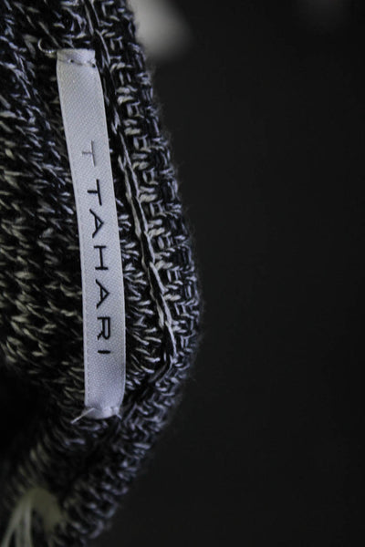 T Tahari Womens Fringe Cardigan Sweater Black White Cotton Size Medium