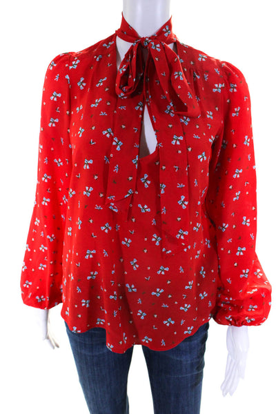 Rixo Womens Long Sleeve V Neck Tie Front Silk Floral Shirt Blouse Red Size Small