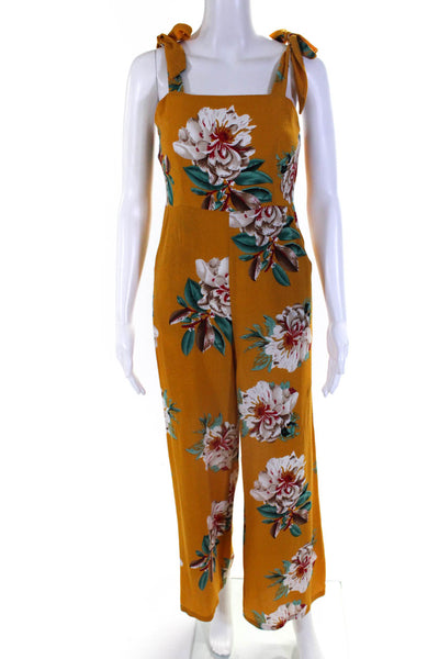 Super Down Womens Floral Tied Strap Wide Leg Jumpsuit Yellow Green White Size S