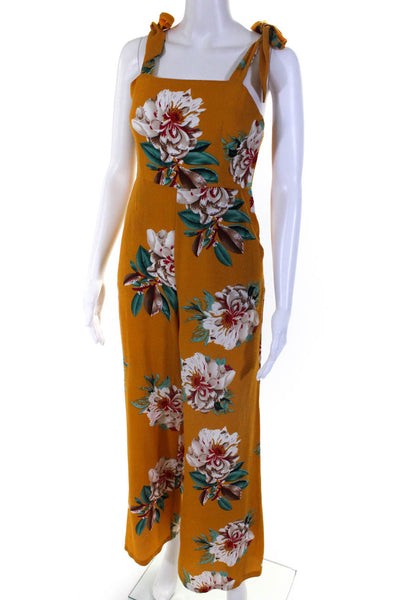 Super Down Womens Floral Tied Strap Wide Leg Jumpsuit Yellow Green White Size S