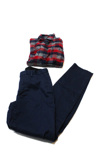 J Crew Mens Flannel Shirt Bowery Trouser Pants Red Blue Medium 29x32 Lot 2