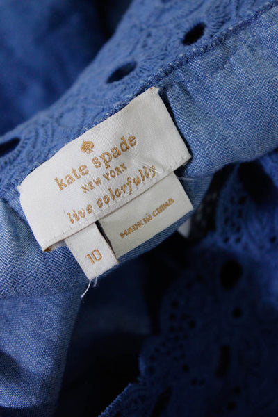 Kate Spade Womens Short Sleeve Chambray Pintuck Top Blouse Blue Size 10