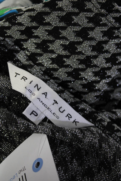 Trina Turk Womens Metallic Knit Houndstooth Tank Top Blouse Black Silver Petite