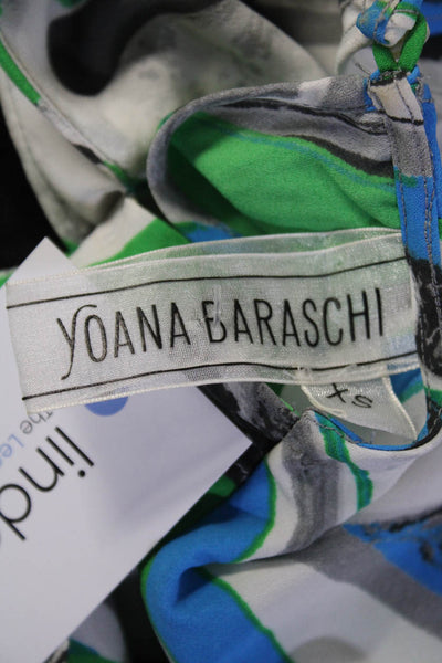 Yoana Baraschi Womens Marbled Long Sleeve V Neck Top Blouse Blue Green White XS