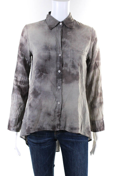 Enza Costa Womens Long Sleeve Tie Dye Button Up Shirt Blouse Taupe Cotton Size 0