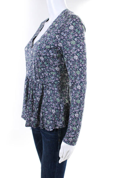 Rebecca Taylor Womens Floral V Neck Zippered Long Sleeve Blouse Blue Pink Size 2