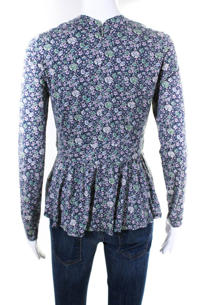 Rebecca Taylor Womens Floral V Neck Zippered Long Sleeve Blouse Blue Pink Size 2