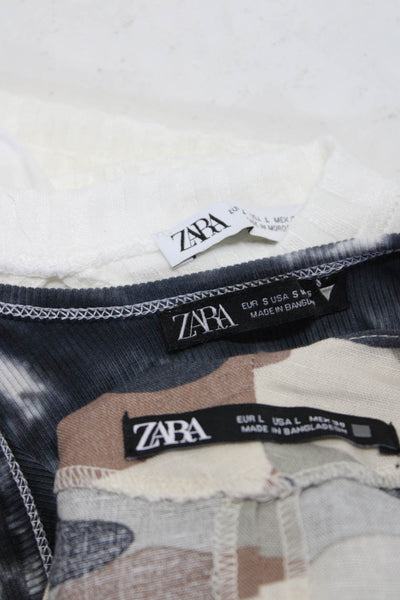 Zara Womens White Ribbed Knit Crew Neck Puff Sleeve Sweater Dress Size L S Lot 3