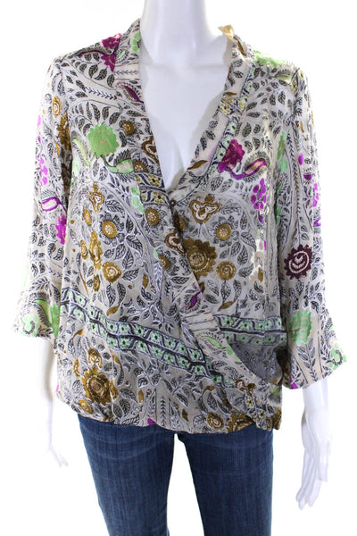 Floreat Womens Floral Print V-Neck Long Sleeve Blouse Top Multicolor Size M