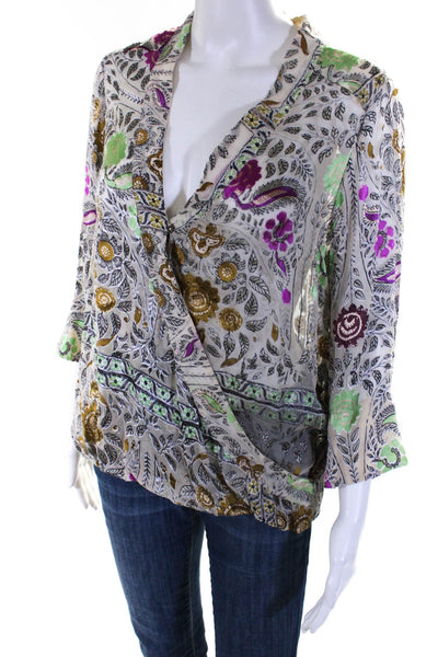 Floreat Womens Floral Print V-Neck Long Sleeve Blouse Top Multicolor Size M