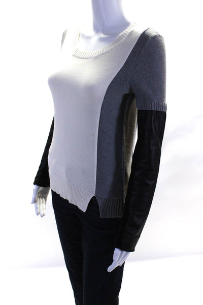 ATKO Womens Scoop Neck Leather Trim Colorblock Sweatshirt White Gray Black XS