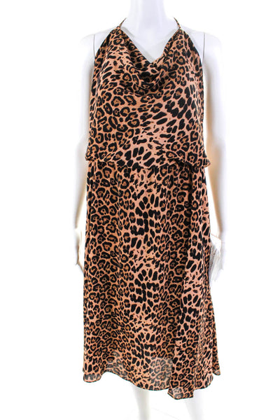 Dress the Population Women's Animal Print Halter Neck Midi Dress Beige Size XL