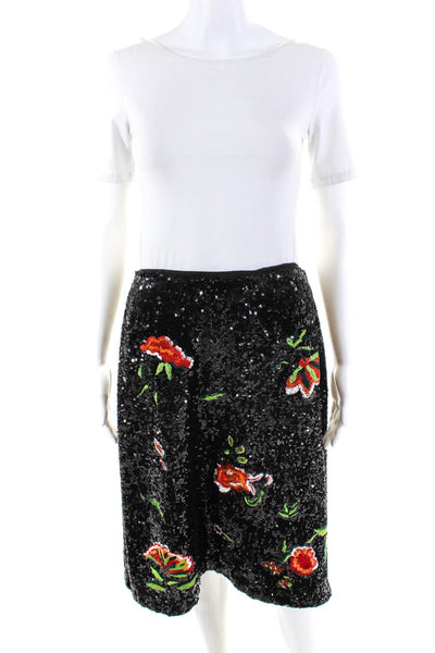 Maeve Anthropologie Women's Floral Embroidered Sequin Pencil Skirt Black Size 6