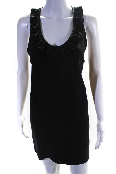 Wayf Womens Satin Ruffle Sleeveless Scoop Neck Shift Dress Black Size 10