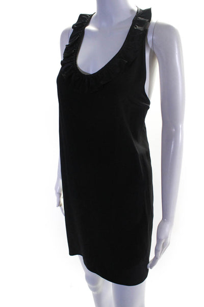 Wayf Womens Satin Ruffle Sleeveless Scoop Neck Shift Dress Black Size 10