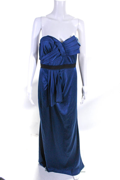 BCBG Max Azria Womens Pleated Satin Strapless Sweetheart Gown Navy Blue Size 10