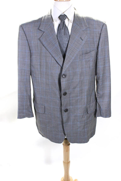 Valentino Mens Gray Wool Plaid Two Button Long Sleeve Blazer Jacket Size 50R