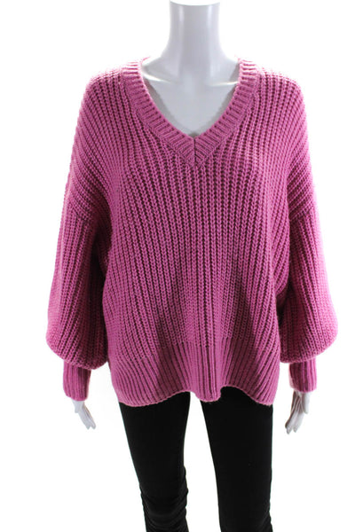 Cinq à Sept Womens Chunky-Knit V-Neck Split Hem Long Sleeve Sweater Pink Size XS