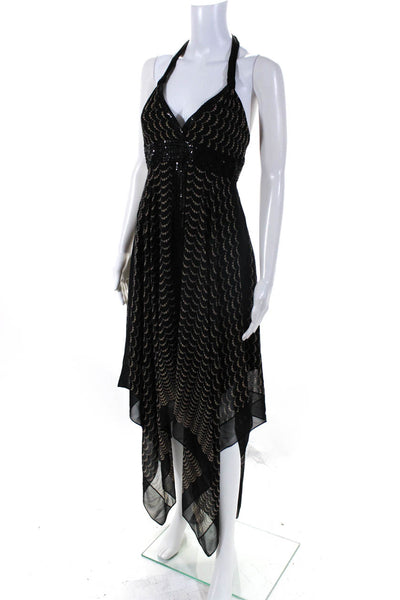 BCBGMAXAZRIA Womens Open Back Halter Dotted Midi Silk Dress Black Beige Size 2