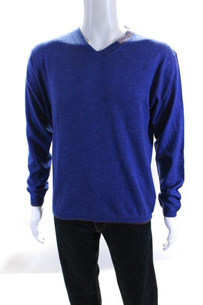 Robert Graham Mens Wool Tight-Knit V-Neck Long Sleeve Sweater Navy Blue Size M