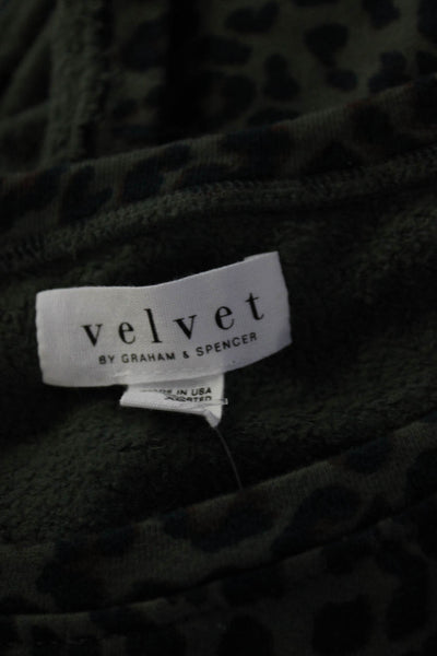 Velvet Womens Leopard Print Short Puff Sleeved Round Neck Top Green Blue Size XS