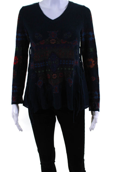 Desigual Womens Geometric Tight Knit Tassel Side Panel Sweater Blue Red Size XS