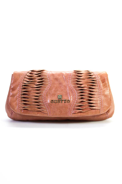 Gustto Womens Textured Darted Striped Snapped Buttoned Clutch Handbag Brown