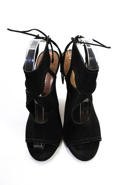 Aquazzura Womens Stiletto Lace Up Laser Cut Ankle Strap Sandals Black Suede 38